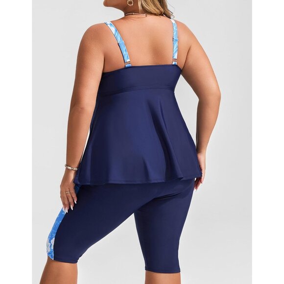 Hanna Nikole Plus Size 24W Two-Piece Modest Swim Set Womens Navy & Blue Floral - Picture 6 of 15